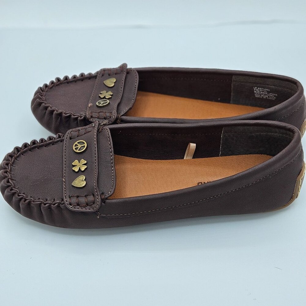 Lucky Brand Womens Brown Leather Moccasins W/ Peace & Heart Embellishments Size